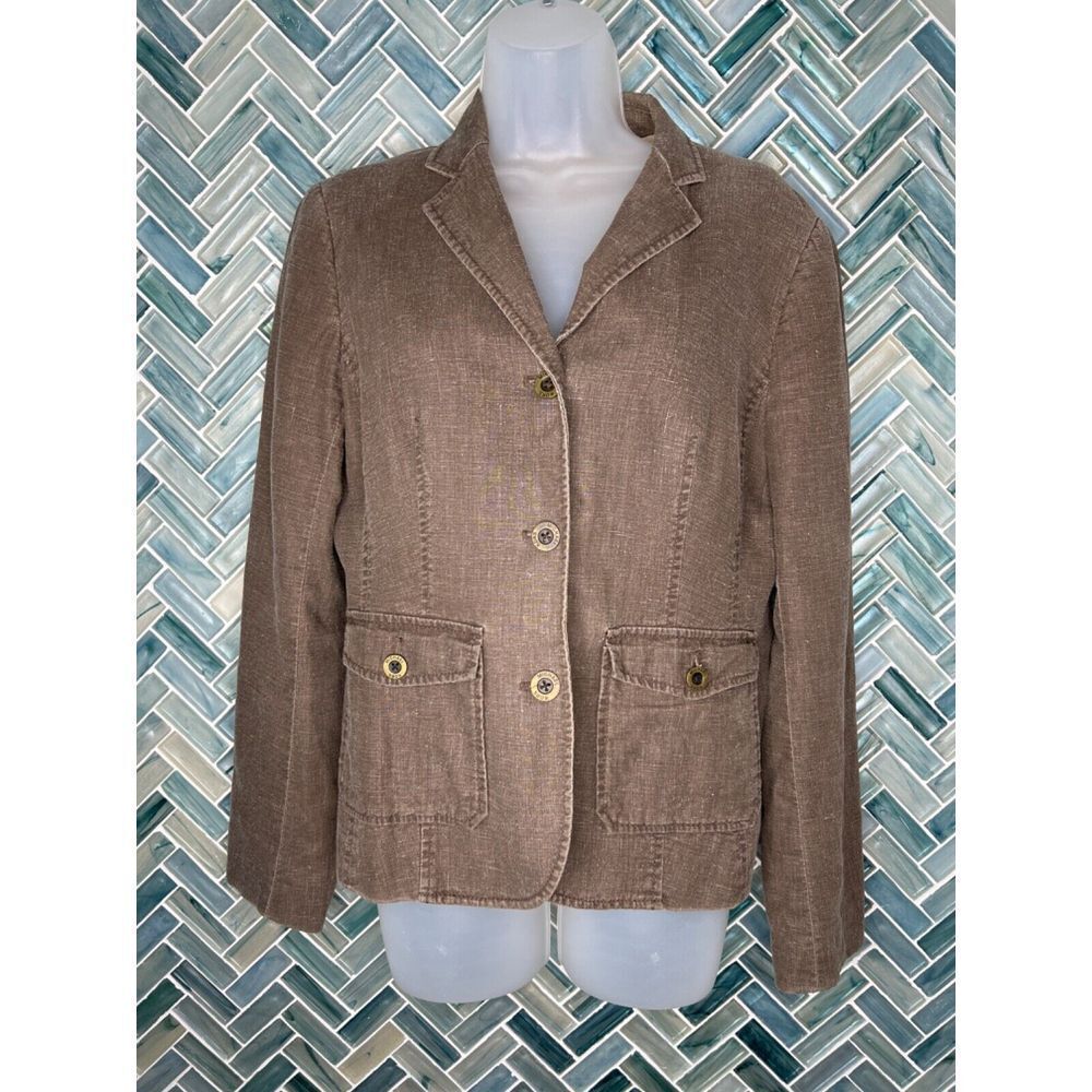 MICHAEL MICHAEL KORS WOMENS BROWN NEUTRAL LINEN BLEND FITTED JACKET BLAZER SZ 10